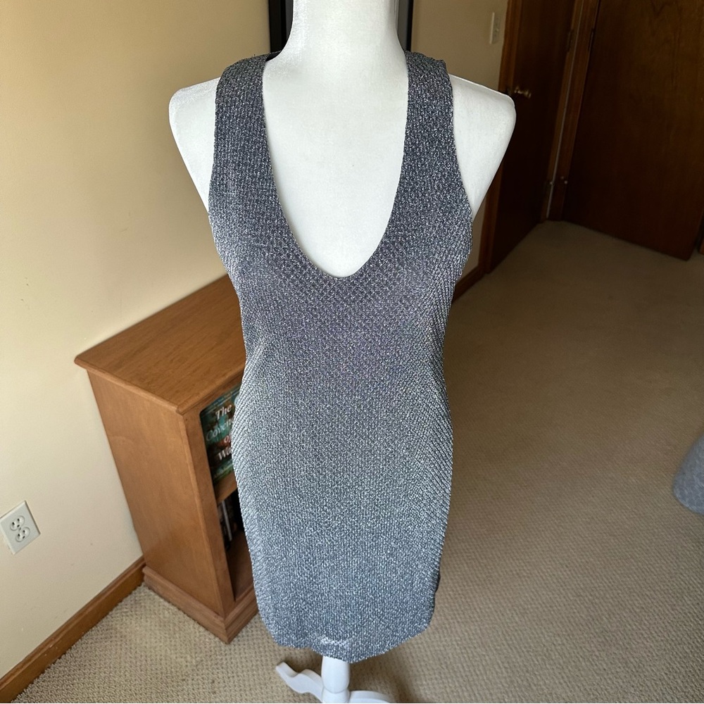 Andrea Polizzi Sexy Glam Silver Mesh Knit Sleeveless V Neck Made in US Dress‎